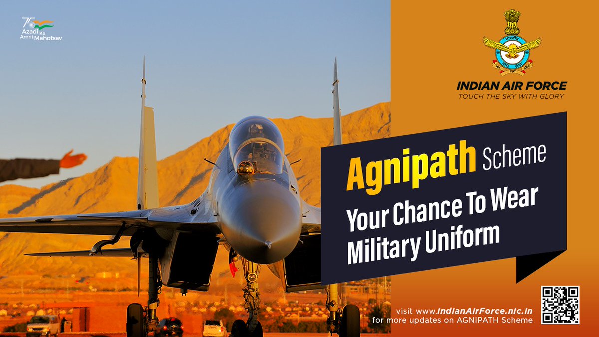 IAF_MCC's tweet photo. Want to serve your Country?
Here is your chance to be a #VayuSenaKeAgniveer.
Join the Indian Air Force through the Agnipath Scheme and become an Air Warrior of the Future!
Visit https://t.co/zLjVZR7XLf for details.
#Agniveer
#Agnipath https://t.co/rG4FAM5p59