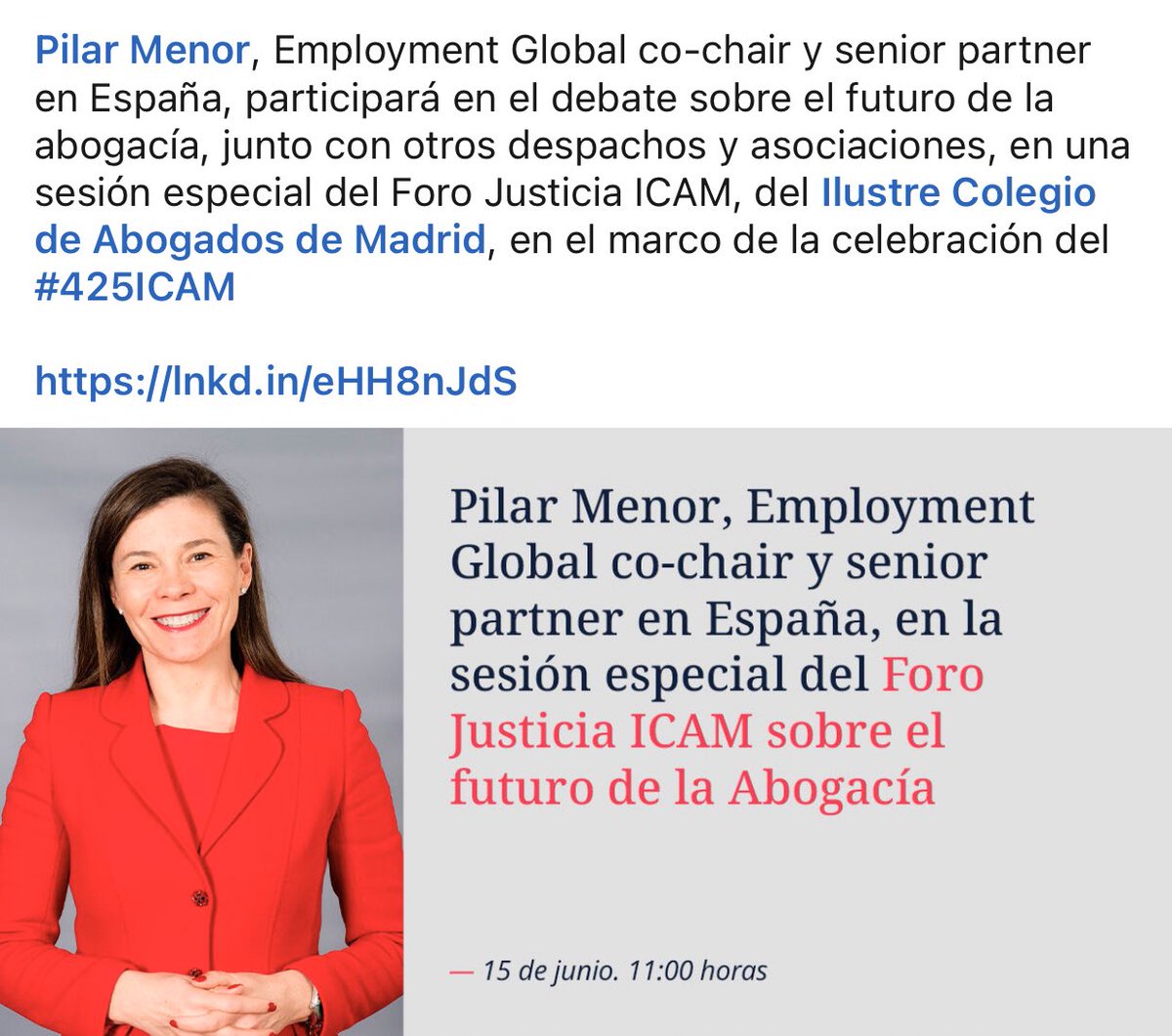 Queremos compartir este debate sobre el futuro de la abogacía en el que <a href="/pilar_menor/">Pilar Menor🇺🇦</a> participará el próximo 15 de junio a las 11 en el <a href="/icam_es/">Ilustre Colegio de la Abogacía de Madrid</a> 

#Abogacía #425ICAM