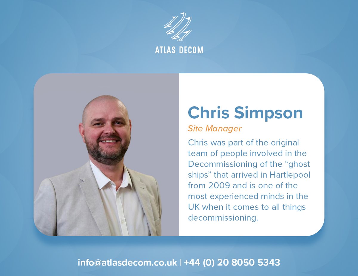 AtlasDecom's tweet photo. Meet Chris Simpson 👋

Chris is one of the most experienced minds in the UK when it comes to decommissioning 🚢

Chris manages our on-site operation and facility at Inchgreen, as our fully NEBOSH certified P402 qualified A62 AP ✅

#Decommissioning #Marine #ShipBreaking https://t.co/pJBK1a2eug