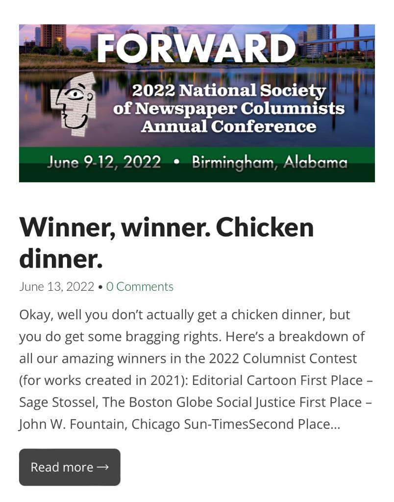 Breaking News!

Guess who just won 1st Place in social justice commentary from the National Society of Newspaper Columnists? Meeeeeee! @RooseveltUCAS Prof. <a href="/JohnWFountain/">John Wesley Fountain</a>
Won't He do it! I am humbled and grateful. God is good. And he is faithful. #Justiceforjelaniday