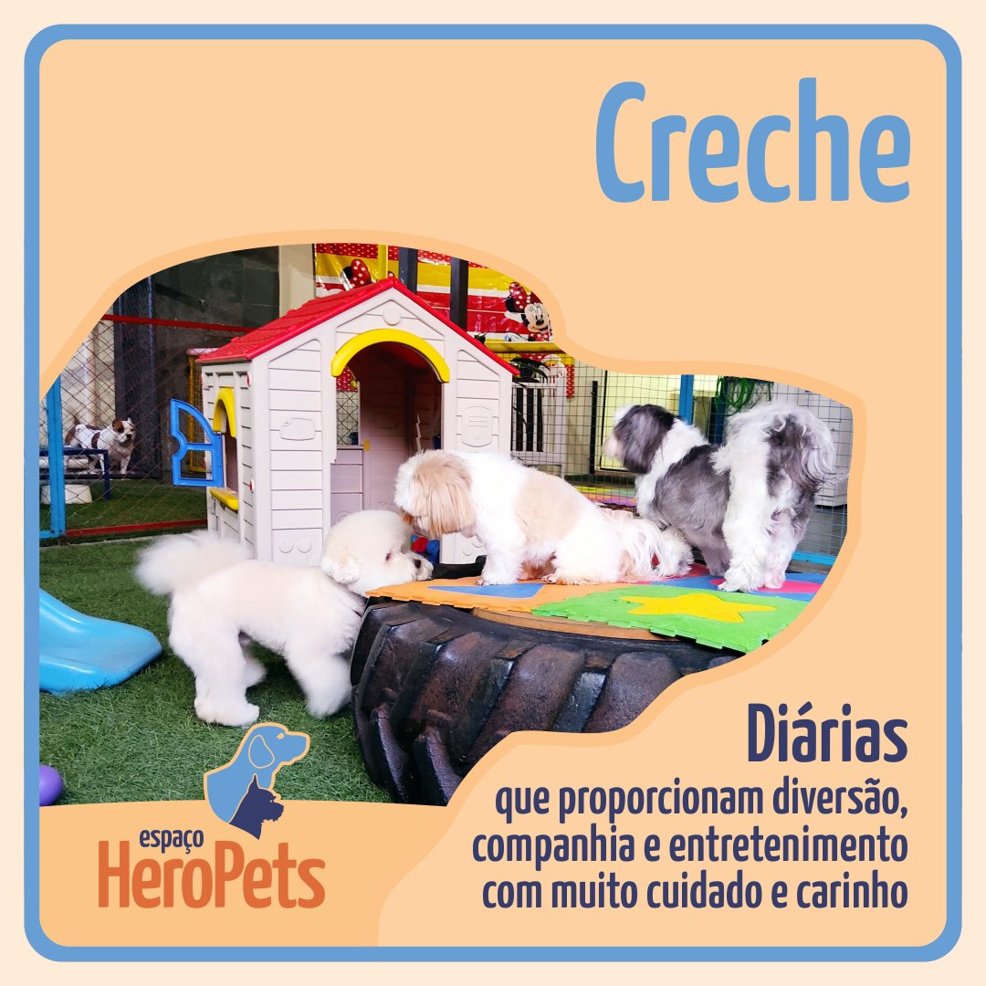 EspacoHeroPets's tweet image. A creche é uma ótima opção para auxiliar a vida do tutor e seus familiares, pois pode contribuir na socialização e gasto de energia do pet: através de brincadeiras, em estrutura adaptada, sob supervisão de monitores, assim o pet recebe estímulo positivo.