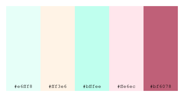 ColPaletteBot's tweet photo. Beep beep, here's a pretty color palette for you!
color-scheme.js parameters used:
- hue: 201
- variation: light
- colors: #e6fff8, #fff3e6, #bfffee, #ffe6ec, #bf6078
Have a lovely day!
#twitterbot #colorpalette #colors #palette #prettycolors https://t.co/THX9LvtX7h