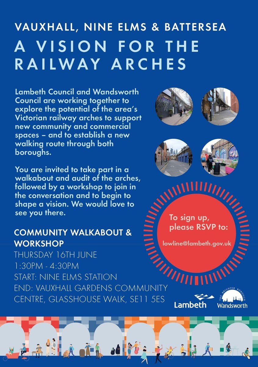 lambeth_council's tweet image. 🎉Local businesses in #Vauxhall can join us on a community walking workshop and feedback session for the #Lambeth #LowLine

#Lambeth &amp;amp; #Wandsworth are looking at new uses for Victorian Railway Arches.

🚶 Join us this Thursday at 1.30pm 🚶

For info contact lowline@lambeth.gov.uk