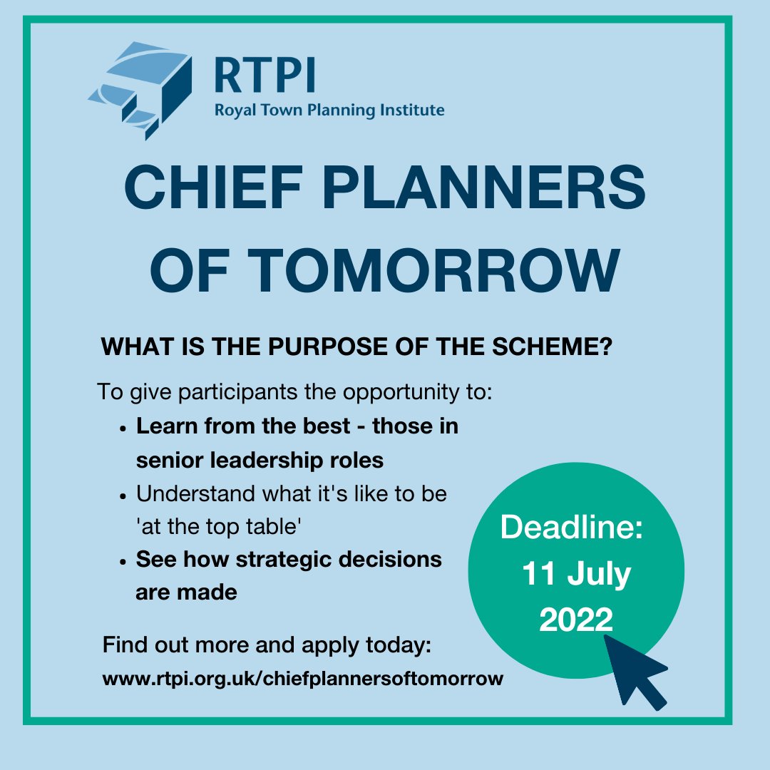 ❗BREAKING NEWS ❗ Entries are now open for the Chief Planners of Tomorrow initiative, which teams up with local authorities and RTPI learning partners to give young planners an insight into the life of a Chief Planning Officer for a day.

Find out more:
rtpi.org.uk/news/2022/june…