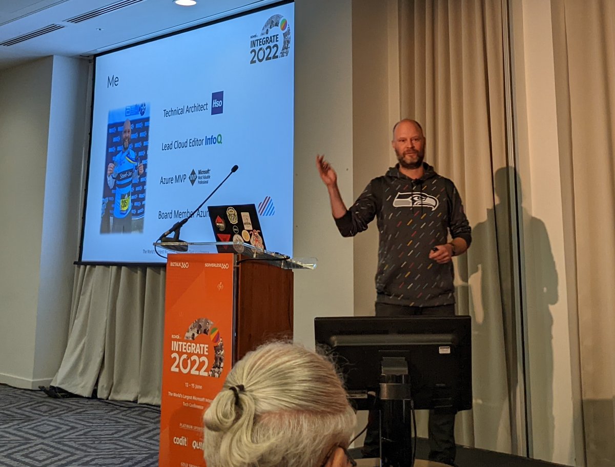 Now <a href="/SteefJan/">SteefJan Wiggers (aka Lian’s Husband)</a> on stage at #INTEGRATE2022 with some hardcore #Dynamics365 integrations! #Azure