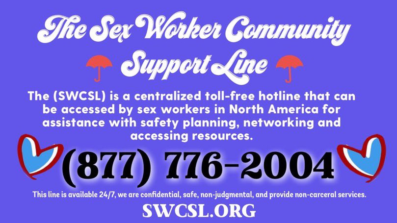 Another reminder that the Sex Worker Community Support Line is open 24/7! Thanks to @lenawtflol for the awesome graphic!