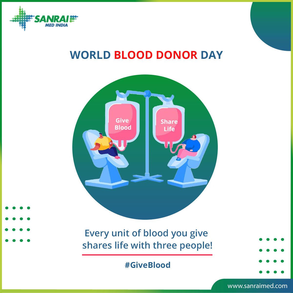 SanraiMed_India's tweet photo. Blood donation is an hour out of your life and a lifetime for the one in need. 
Give Blood. Share life.
#WorldBloodDonorDay #GiveBlood #ShareLife https://t.co/k0TTApAKe9