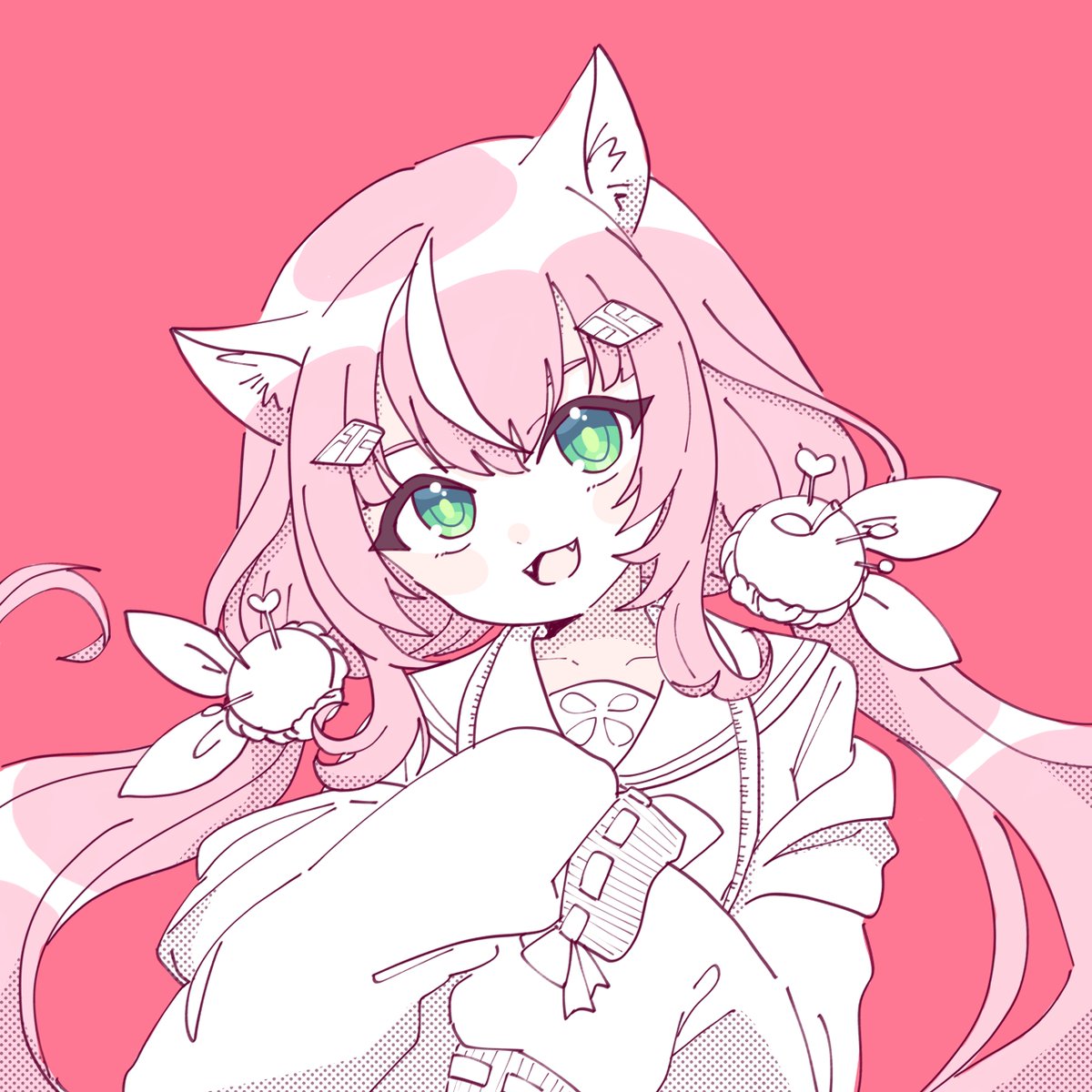 1girl animal ears solo cat ears green eyes pink hair sleeves past wrists  illustration images