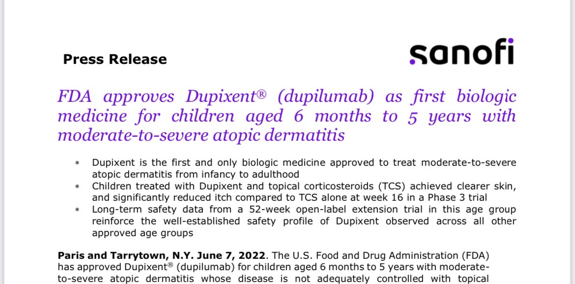 💡💡الخبر الآخر هو تصريح استخدام دواء الDupliumab دوبيليوماب (ديوبكسنت) البيلوجي للأطفال من عمر ٦ أشهر للإكزيما المتوسطة والشديدة…