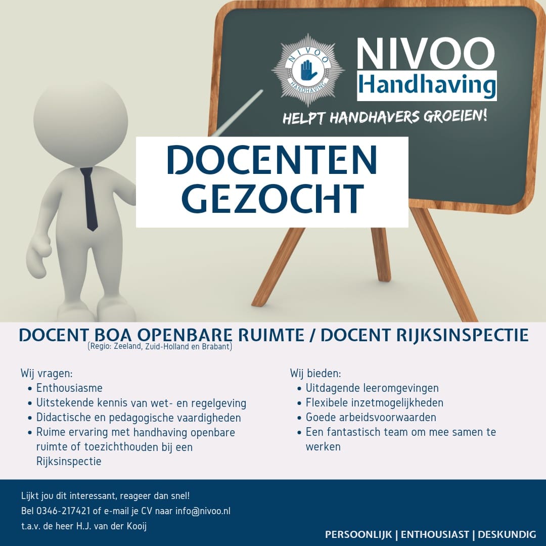Wij zoeken docenten! Kijk ook op nivoo.nl/vacature