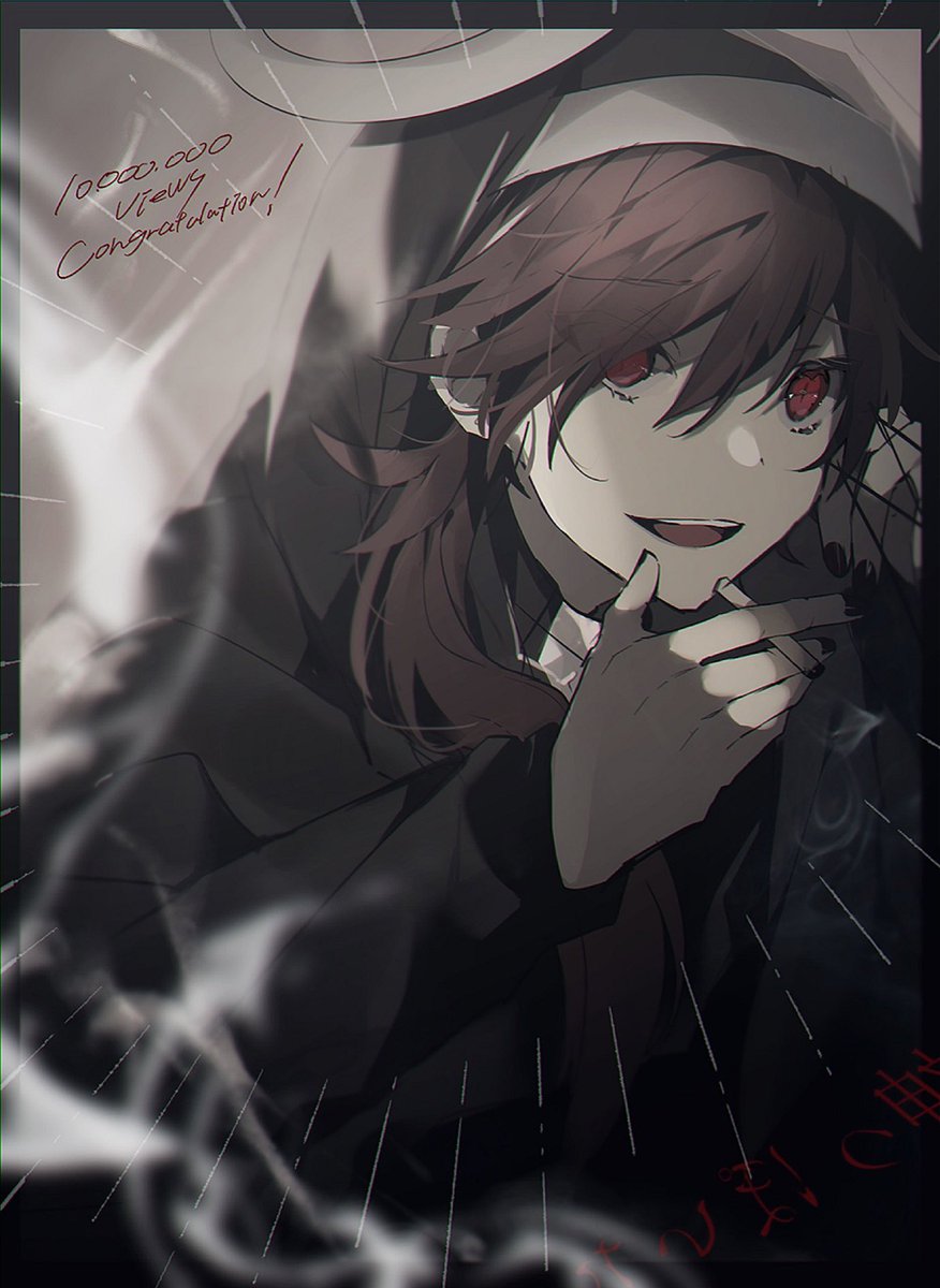 red eyes solo male focus brown hair 1boy smoke open mouth  illustration images