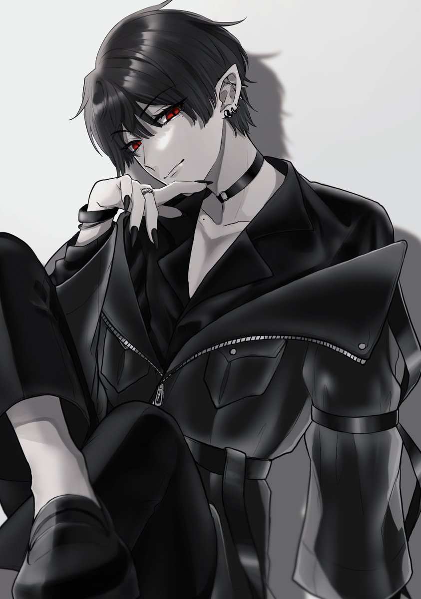 1boy male focus red eyes solo pointy ears choker piercing  illustration images