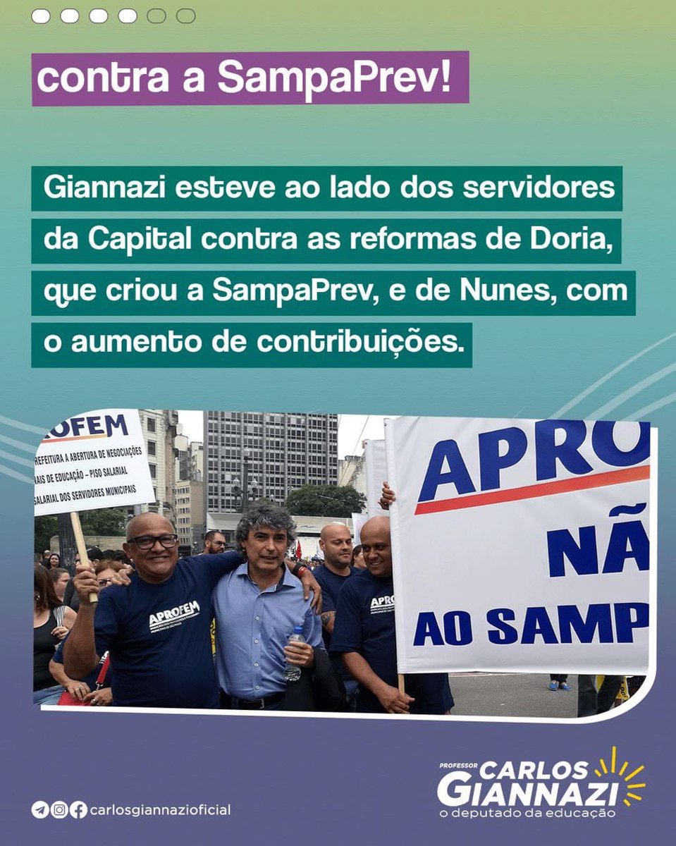 carlosgiannazi's tweet photo. Fui contra a reforma da previdência do município de SP ; fiz oposição à extinção do #Ipesp; lutei contra a reforma estadual e o #Sampaprev 1 e 2 no município. Atualmente, estou ao lado dos servidores do estado, lutando pelo fim do confisco e pela aprovação imediata do #PDL22. https://t.co/mDphcWlSDe