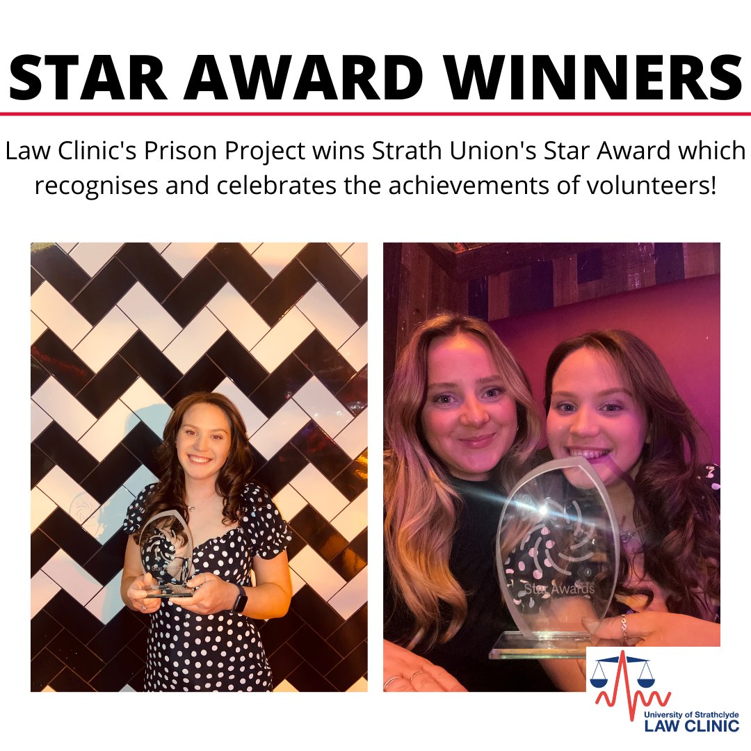 StrathLawClinic's tweet photo. ⭐STAR AWARDS⭐
Our Prison Project has recently received a STAR award fir the Community Project of the Year!
Well done to all involved and what a great achievement for the clinic!
#prisonproject #lawclinic #accesstojustice #probono #starawards2022 #strathclydeuniversity https://t.co/0XmWN7u1c1