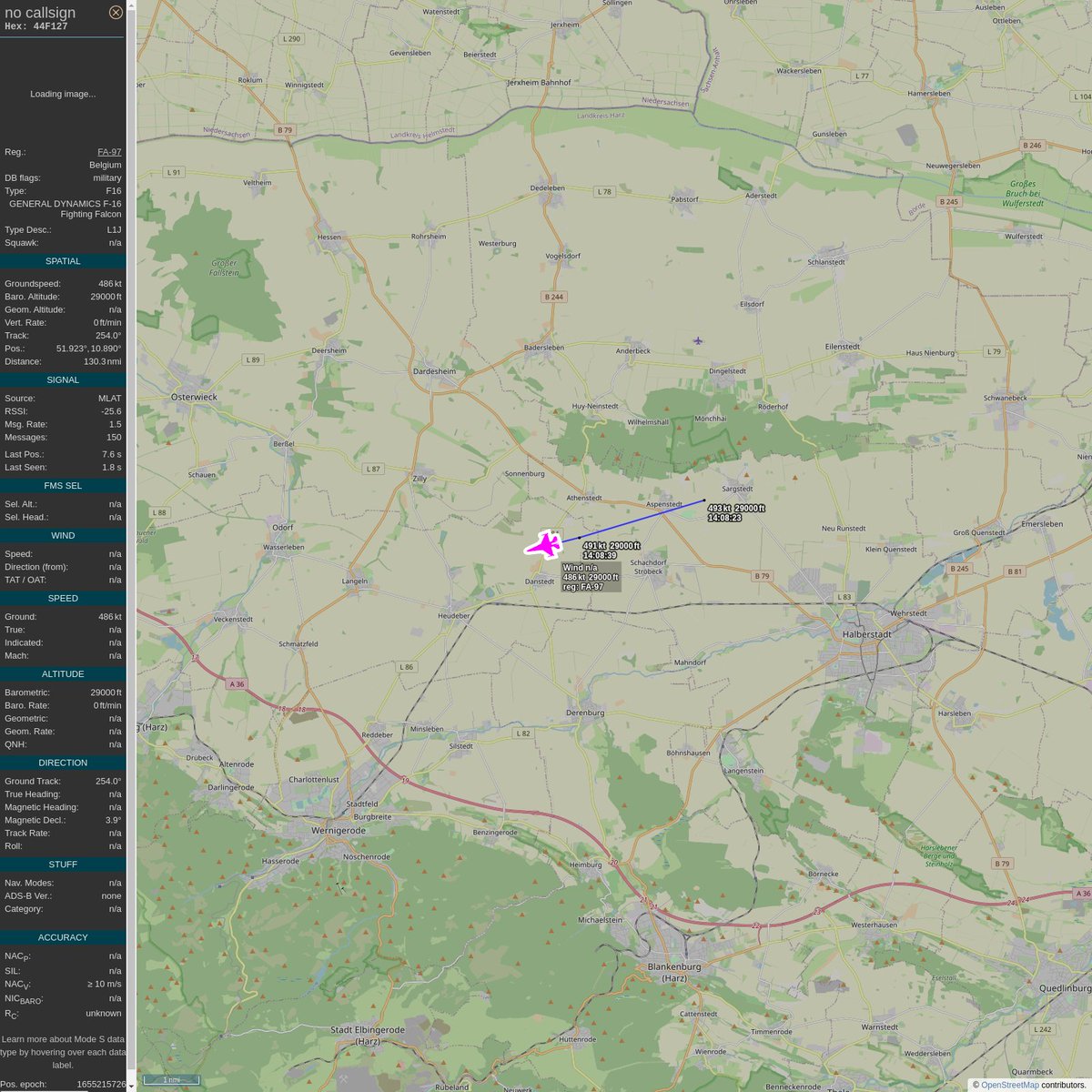 AKoeppern's tweet image. #PlaneAlert ICAO: #44F127 Tail: #FA97 
Owner: #BelgianAirComponent
Aircraft: #F-16AM Fighting Falcon
2022/06/14 16:08:16
#F16 #JetFighter #Chappy #Luchtcomponent mil.be/nl/over-defens… 
globe.adsbexchange.com/?icao=44F127&amp;amp;s…
