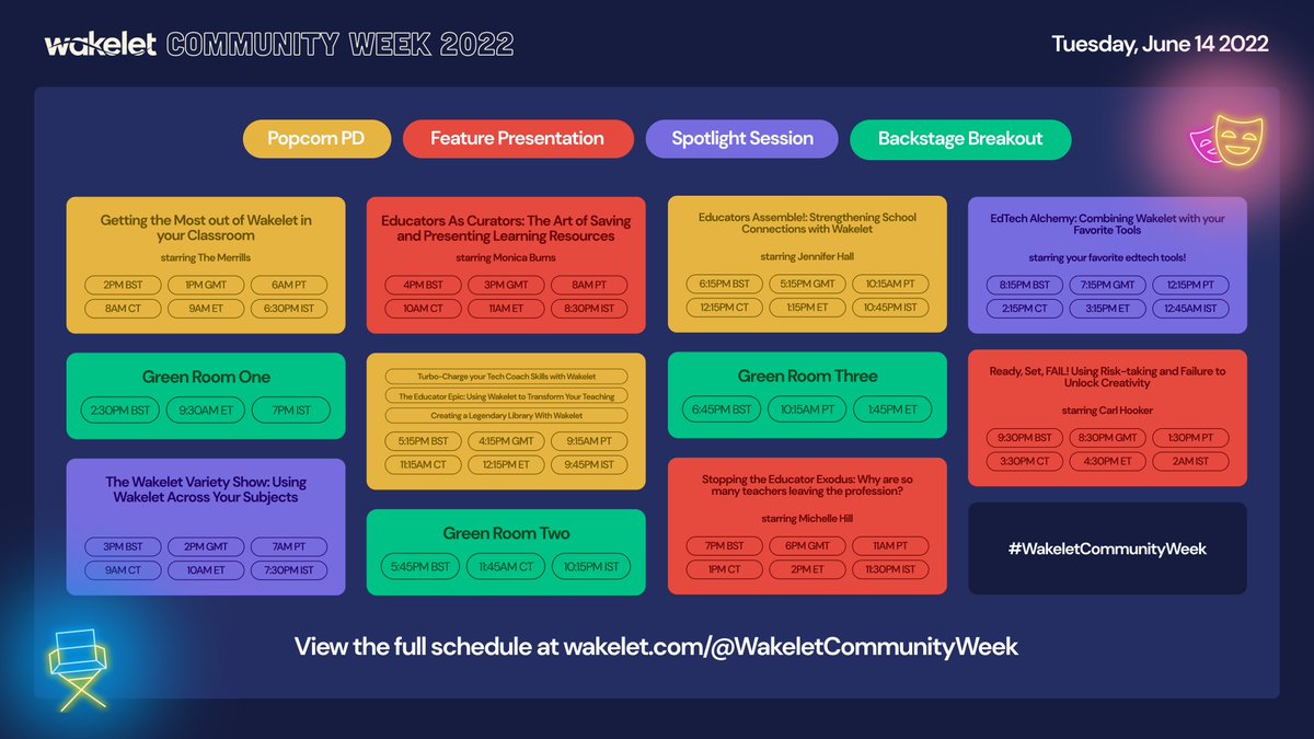 What's happening today at #WakeletCommunityWeek? Check out the Tuesday schedule!🎉 😎 🍿 Popcorn PD 📺 Feature Presentations 💡 Spotlight Sessions 🌊 Backstage Breakouts! We'd LOVE for you to join! Get involved at wakelet.com/@CommunityWeek…