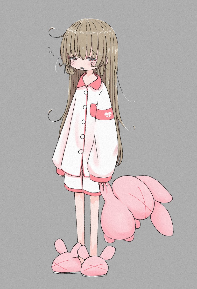 1girl long hair sleepy solo stuffed toy slippers grey background  illustration images