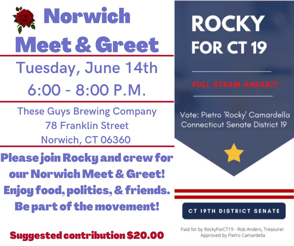 RockyForCT19's tweet photo. Happy Flag Day 🇺🇸 everyone! I invite you to come out &amp; join us this evening at These Guys Brewing Company in the beautiful Rose City - Norwich, Connecticut. Support local business &amp; a nice evening together! #RockyforCT19 https://t.co/cti3DKIHvO