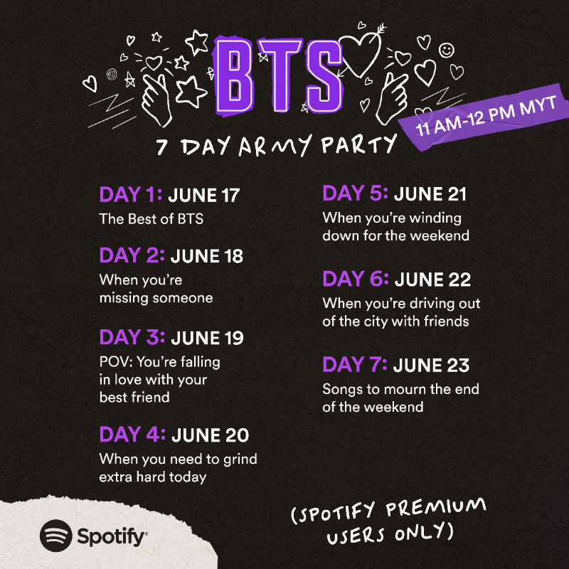 SpotifyKpop's tweet photo. 💜 ARMY! 💜 Somethin’ exciting is happening this FRIDAY! The proof? 

#7DayARMYParty with new, daily themed playlists from June 17-23, ft. new and old songs that you love.

Add your reminders now! 📅

#7DayARMYParty #SpotifyxBTS #SpotifyPurpleU