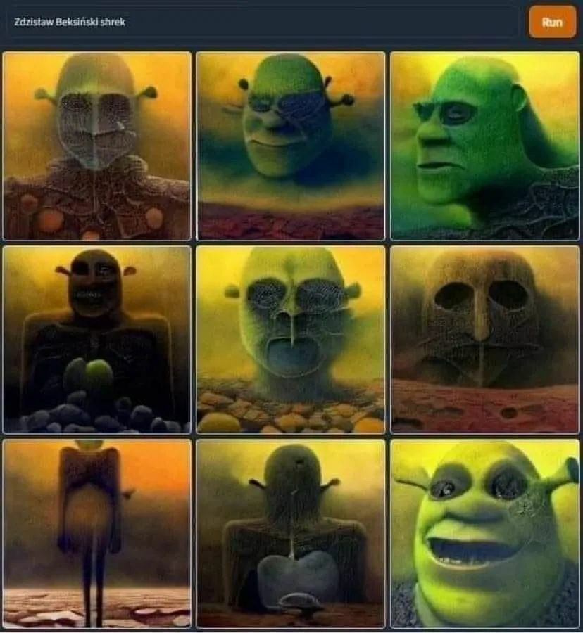 donald_PL_'s tweet photo. Pochylmy się może trochę nad tym, że cross Beksiński x Shrek wygląda jak prawdziwy diament https://t.co/7gFLG5Xksm