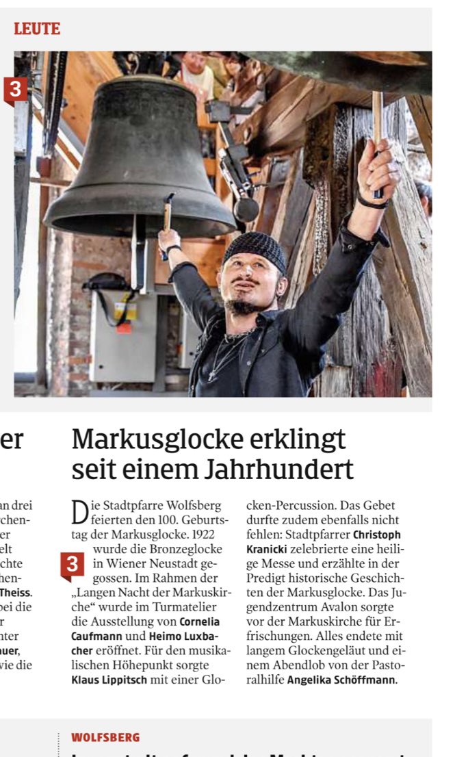 KlausLippitsch's tweet photo. Kleine Zeitung Lavanttal 
100 Jahre Markusglocke
.
#bell #jahre #markusglocke
#lavanttal #wolfsberg #spirit https://t.co/4xizX0DGwY