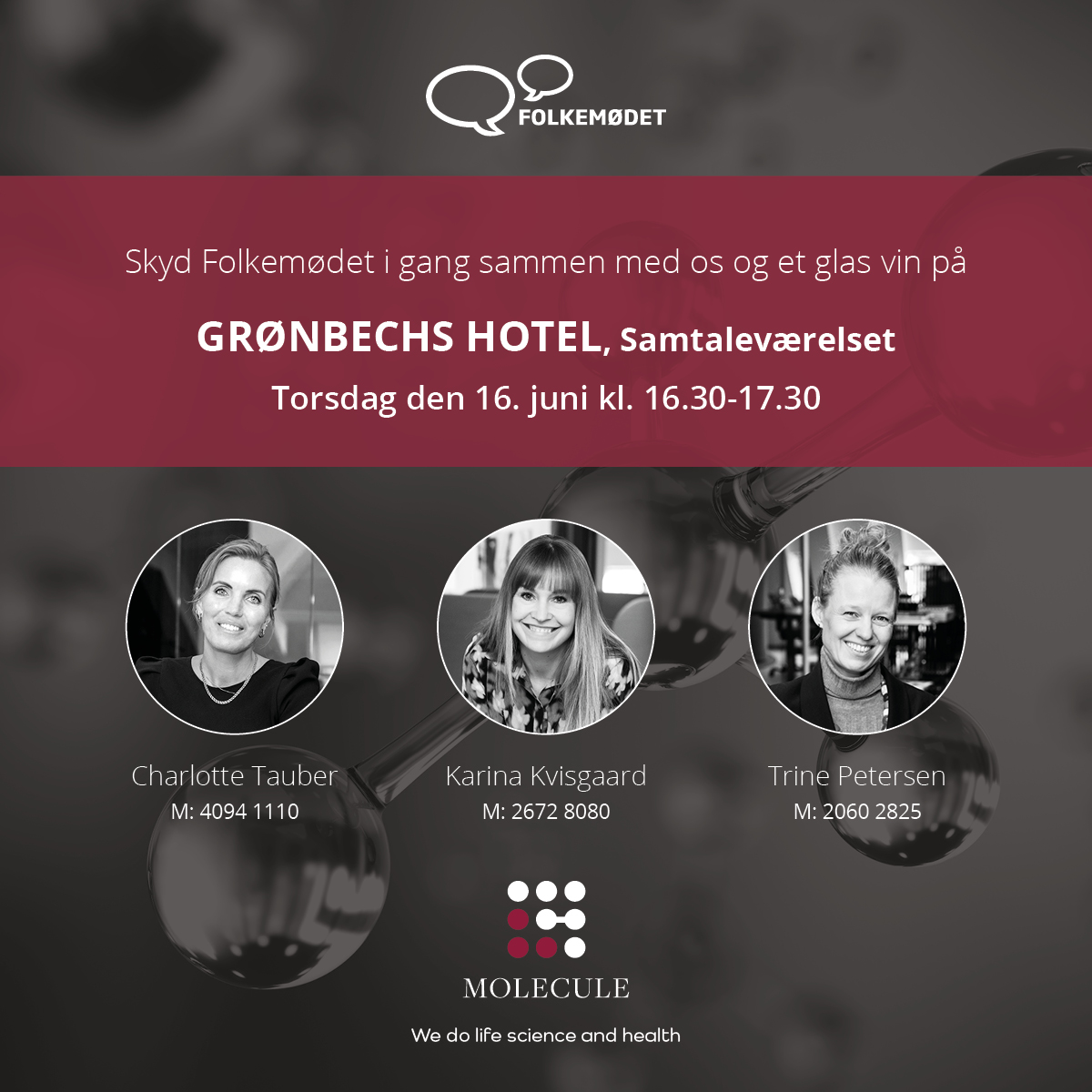 MoleculeHealth's tweet photo. Kig forbi og drik et glas vin med os fra @MoleculeHealth - bl.a. @TrineIwer og vær med til kick-off af #folkemoedet #FM22 https://t.co/hiZtVBsM2C