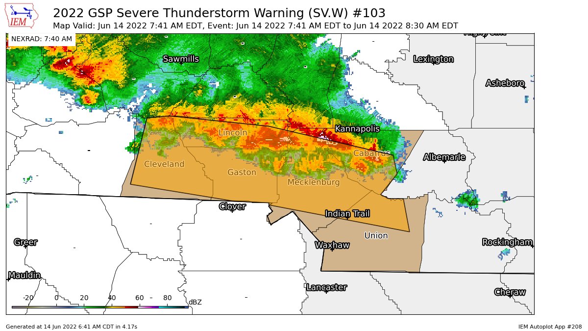 wxbrad's tweet photo. GSP issues Severe Thunderstorm Warning [wind: 60 MPH (RADAR INDICATED), hail: 1.00 IN (RADAR INDICATED)] for Cabarrus, Cleveland, Gaston, Lincoln, Mecklenburg, Union [NC] till 8:30 AM EDT https://t.co/W8uuiX2UUh https://t.co/5u6td5OnGY