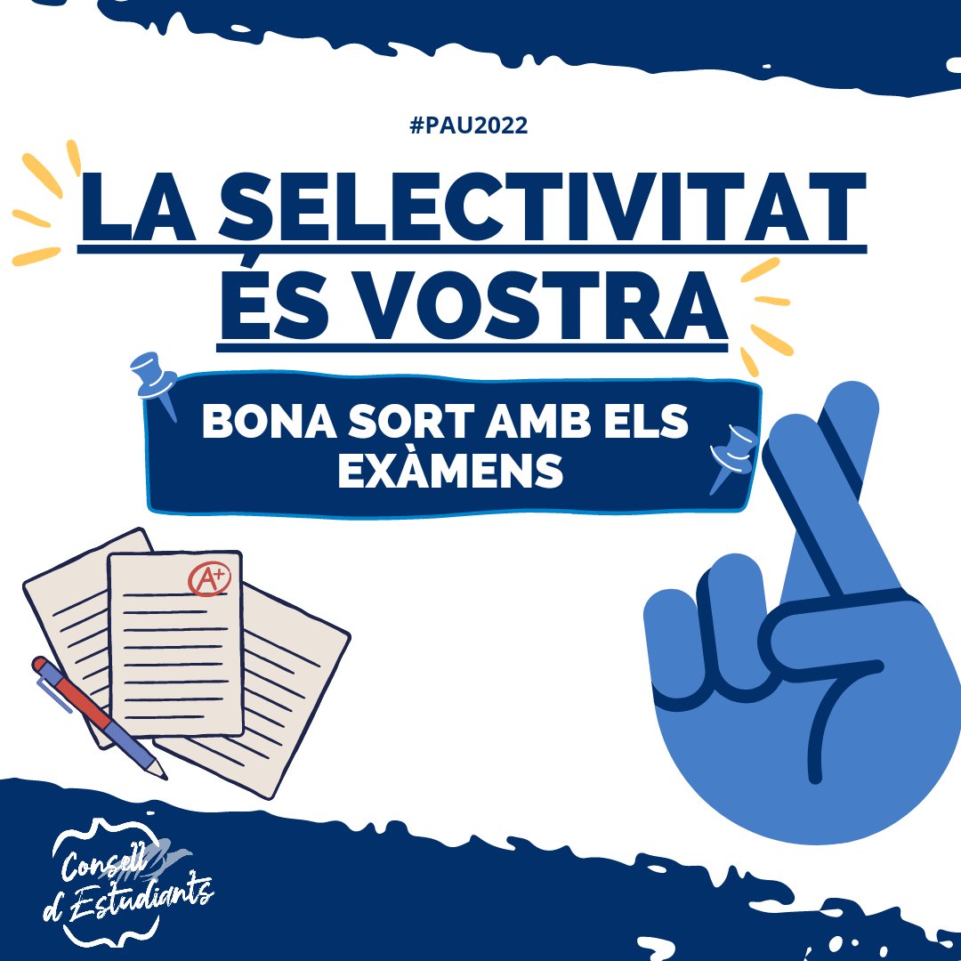 estudiantsudg's tweet photo. Molta sort als i les estudiants que avui us examineu de les #PAU2022. La selectivitat és vostra! https://t.co/M3lfwkEdIj