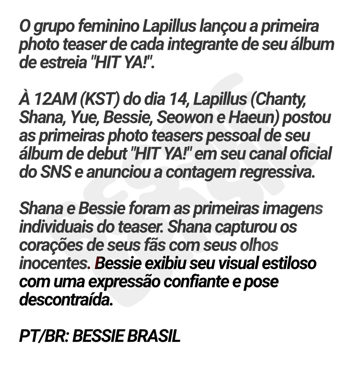 BessieBrasil's tweet photo. [📰] Tradução do artigo NAVER sobre as photo teasers da #Bessie e da #Shana para o debut com 'HIT YA!'

"Do olhar em seus olhos à confiança, Shana &amp; Bessie..." Lapillus Debut D-6, "HIT YA!" Teaser individual."

🔗https://t.co/mW6gtB4NHO

#Lapillus #라필루스 #Bessie #베시 #HIT_YA https://t.co/zpFhWgYUyt