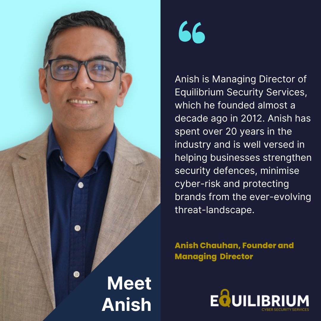 EquilibriumSS's tweet image. ⭐👨‍💼Meet the team Tuesday👨‍💼⭐

Last but not least... Meet the Founder and Director of Equilibrium, Anish Chauhan! 

#MeetTheTeam #EquilibriumSecurity

Meet more of the team over on our website: lnkd.in/gKdqqXNR