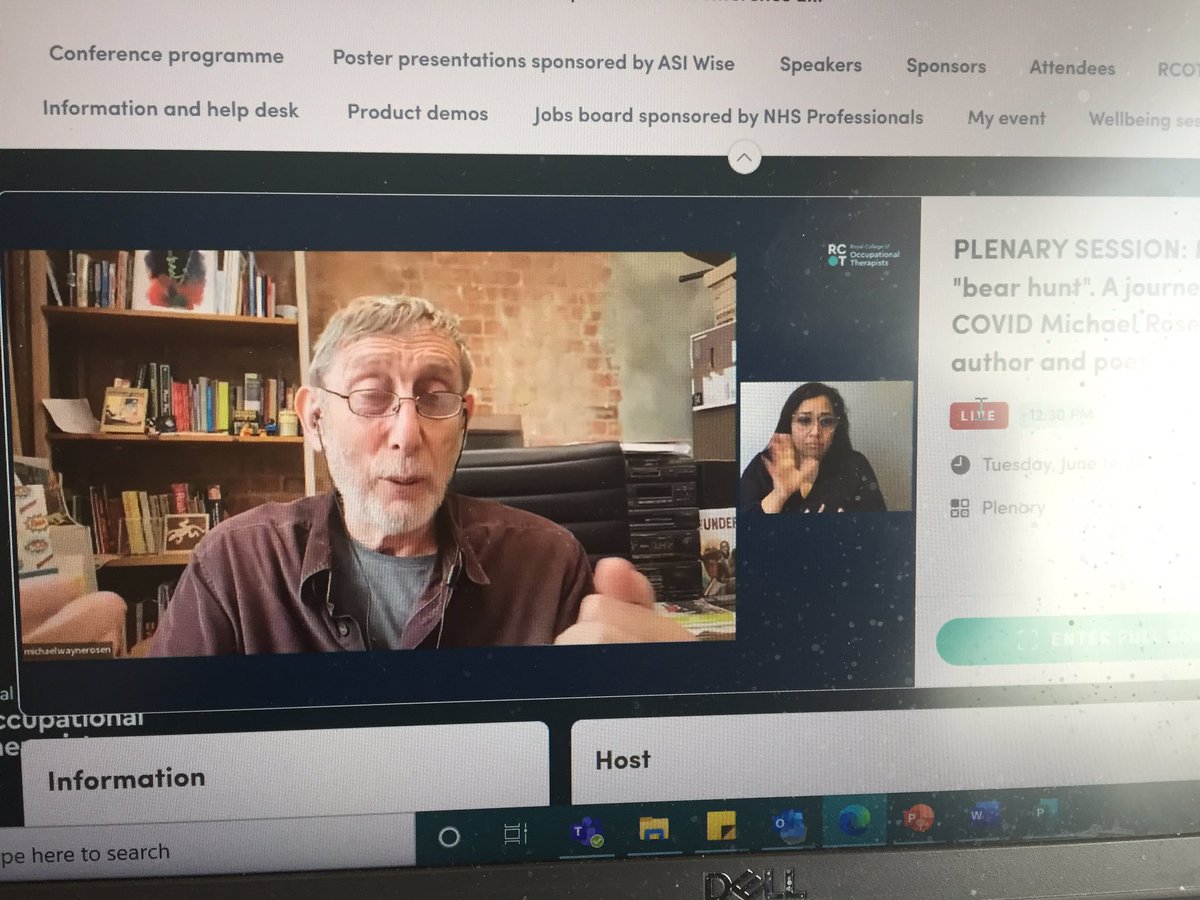 NishaagarwalO's tweet photo. Amazing listening to @MichaelRosenYes @ the #RCOT2022. His own personal ‘bear hunt’ and how Occupational and Physiotherapists rehabilitated him post COVID. Peppered with humour and anecdotes ‘hard cop soft cop’. Feeling proud to be part of the #OccupationalTherapy community🙌🏾 https://t.co/doOllaQtm0