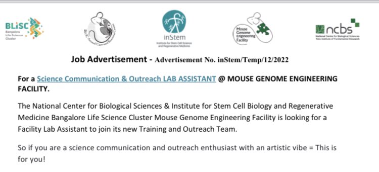 We are Hiring! For all you science communication and outreach enthusiasts with an artistic vibe out there:
I am looking for a motivated, organised person to assist me in our new Training, Workshops and Outreach activities. 
 Apply here: ncbs.res.in/sites/default/…