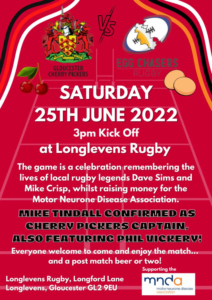 🍒 V 🥚
On Saturday 25th June we remember local rugby legends Dave Sims and Mike Crisp in aid of MND Association. #Gloucester Cherry Pickers v <a href="/EggChasersXV/">Egg Chasers</a> featuring Rugby World Cup winners Mike Tindall and Phil Vickery! 

Come down to Longford Lane to see all the action. 🏉