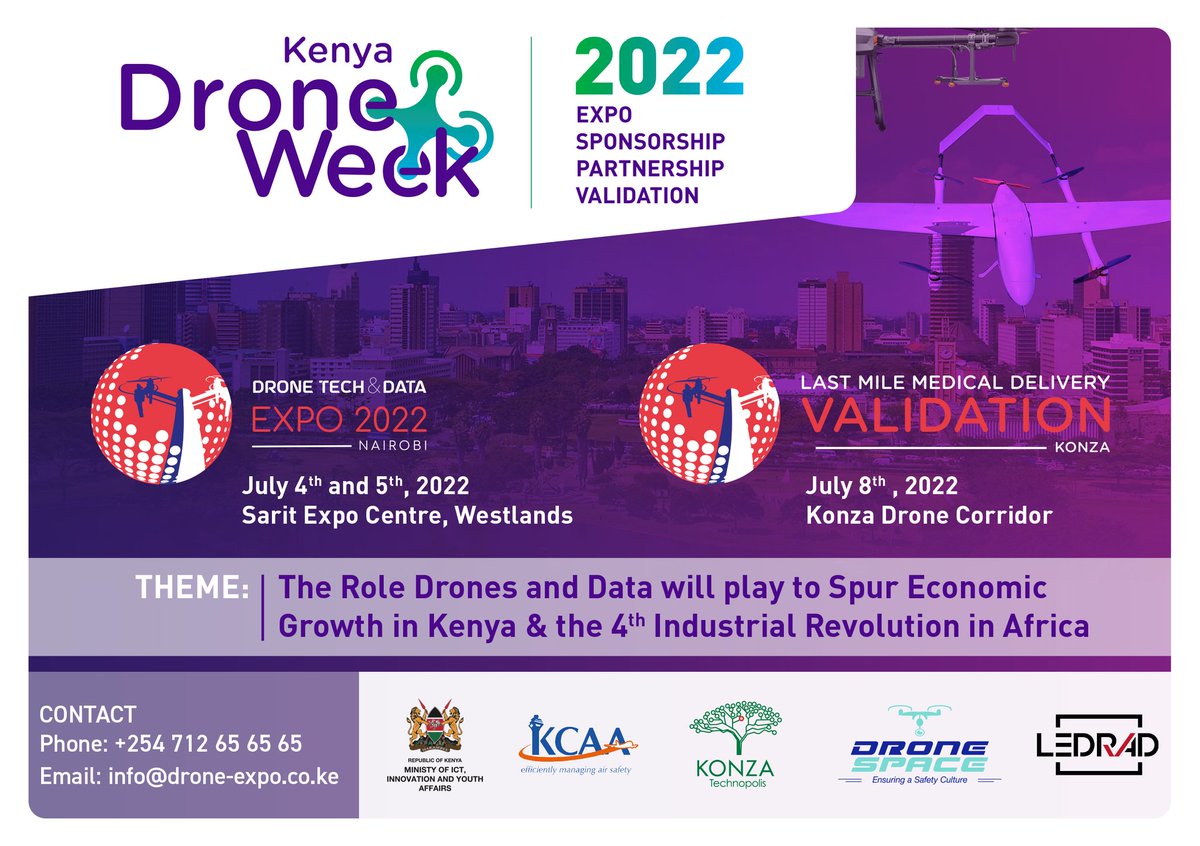 KenyaDroneExpo's tweet photo. The new dates and venue are now confirmed. The Kenya Drone Tech and Data Expo &amp; Conference is scheduled for the 4th and 5th of July at Sarit Expo Centre, Nairobi. The venue for the Last Mile Medical Delivery Validation remains Konza Technopolis. See you there!
#KenyaDroneExpo https://t.co/KUq8CzHKdP
