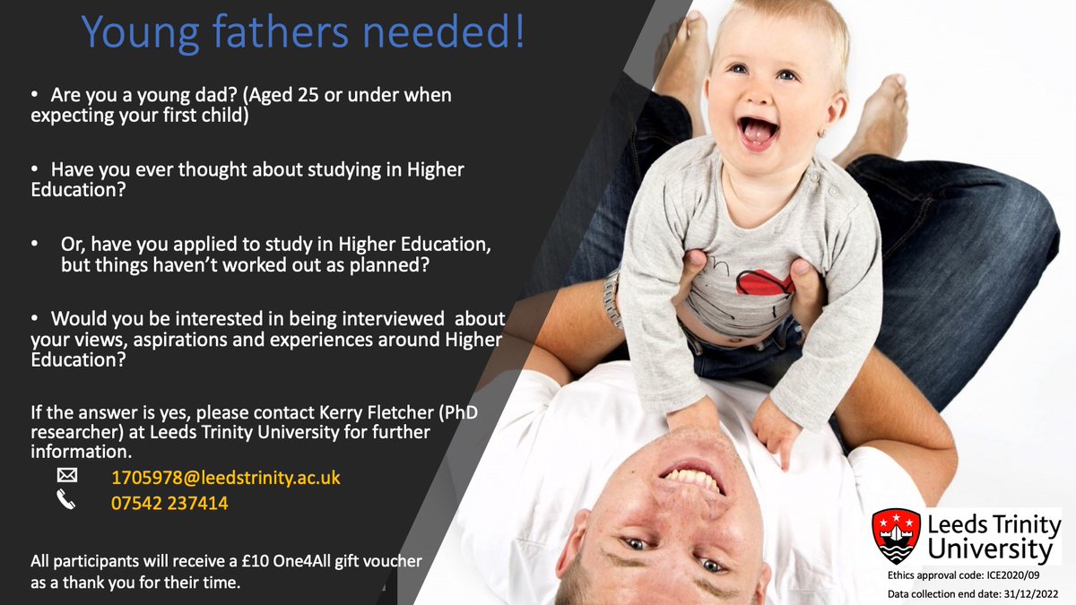 km_fletcher's tweet photo. Looking for young dads who aspire to study in HE. I would love to hear your views as part of a PhD study. To find out more, please contact me on: 1705978@leedstrinity.ac.uk
Please share, thank you. https://t.co/Hg8MRNNalb