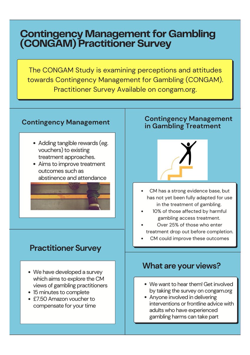 CONGAM_study's tweet image. Final Call! 

This week is the last chance to share your views on whether Contingency Management can improve gambling treatment outcomes!

Our 15 minute survey is available on congam.org, with a £7.50 Amazon voucher given to all participants

#gamblingresearch