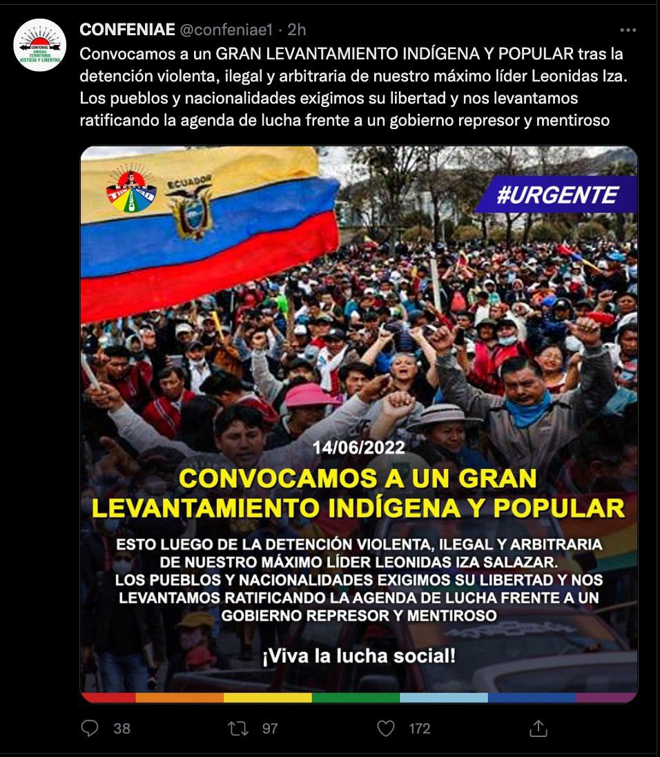 radio_pichincha's tweet photo. 🔴 #ATENCIÓN | Pueblos y nacionalidades indígenas hacen un llamado a un "GRAN LEVANTAMIENTO POPULAR" tras la detención de Leonidas Iza. "Los pueblos y nacionalidades exigimos su libertad y nos levantamos ratificando la agenda de lucha frente a un Gobierno represor y mentiroso". https://t.co/2ruumTxiqK