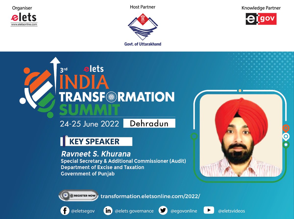 egovonline's tweet photo. Ravneet S. Khurana, IRS, Special Secretary & Additional Commissioner (Audit), Department of Excise and Taxation, @PunjabGovtIndia joins 3rd Elets India Transformation Summit as a Key Speaker.
Register | https://t.co/ngAQyQqkcr 👈
#EletsIndiaTransformation #IndiaTransformation https://t.co/h3i0bgGwIy