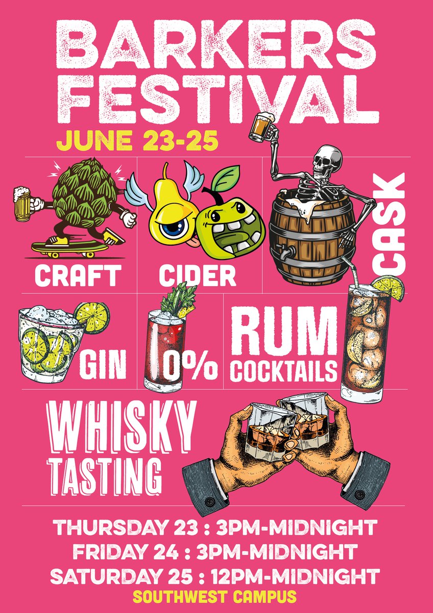 Join Barkers Festival between 23 – 25 June! Over 3 days enjoy a range of cask ales, craft beer, gin, rum cocktails, whisky tasting and we will also be offering a 0% alcohol bar 🍻🥃🍹

Find out more: lancaster.ac.uk/facilities/cam… #CampusLife #Festival #event