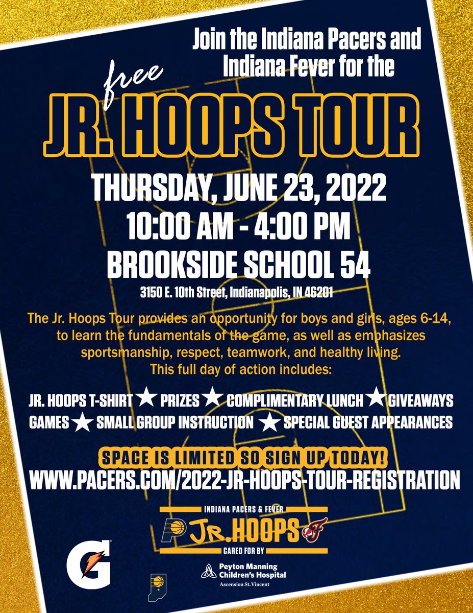 BRMS_Principal's tweet photo. Attention all kiddos ages 6-14. The Indiana Pacers and Fever are hosting a FREE Basketball camp at Brookside School 54 on Thursday, June 23rd from 10-4. To register visit the link on the flyer below. SIGN UP TODAY! @IPSBrookside54 https://t.co/er37YuPIYL