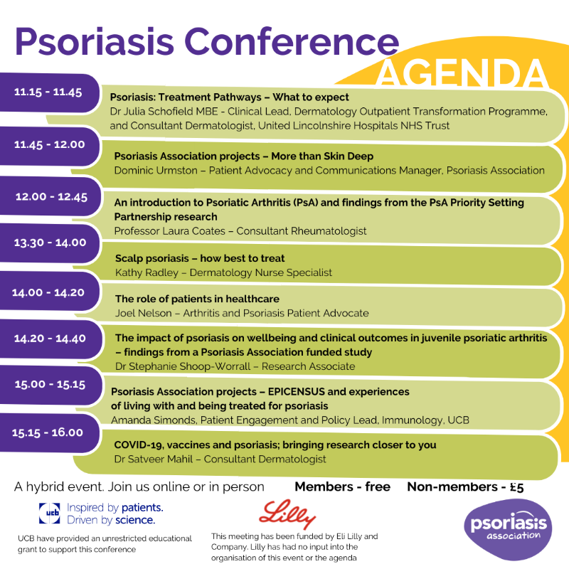 PsoriasisUK's tweet photo. Our Conference is starting in just 15 minutes… 

Whether you're joining us in person or on Zoom, we look forward to welcoming you! We'll be doing our best to tweet updates through the day.

Check out our packed agenda for a reminder of the line up ⬇️

#psoriasis #PsoInformed https://t.co/wCMfsuP24H