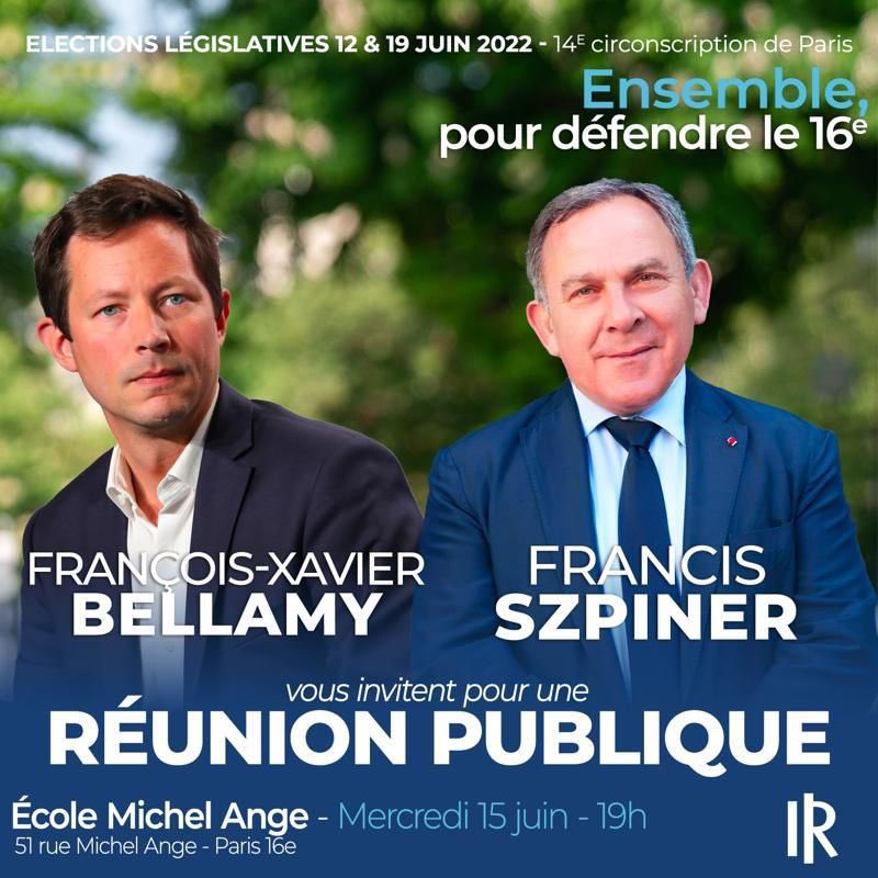 Retrouvons-nous ce mercredi à 19h avec François-Xavier Bellamy à l'école Michel-Ange. 

Nous avons besoin de vous pour faire gagner nos convictions et nos valeurs !
<a href="/fszpiner/">Francis Szpiner</a> 

Merci de vous inscrire :
➡️bit.ly/3OcuFqj