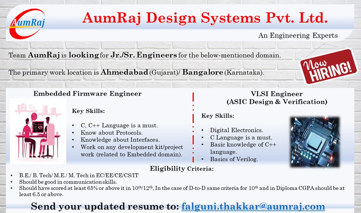 AumrajInc's tweet image. #AumRaj actively looking for Jr./Sr. #Embedded_Firmware_Engineer &amp;amp; Jr./Sr. #ASIC_Design &amp;amp; #Verification_Engineer for the #Ahmedabad (Gujarat) &amp;amp; #Bangalore (Karnataka) location. If interested, then please share your updated CV at falguni.thakkar@aumraj.com