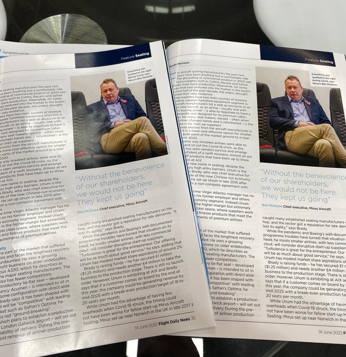 Our CEO Ben McGuire features in the <a href="/FlightGlobal/">FlightGlobal</a> Daily News Magazine on Day 1 of <a href="/aix_expo/">Aircraft Interiors Expo</a> - pick up a copy when entering the show to read all about the current state of the aircraft seating industry and Mirus' latest developments. 

#AIX2022