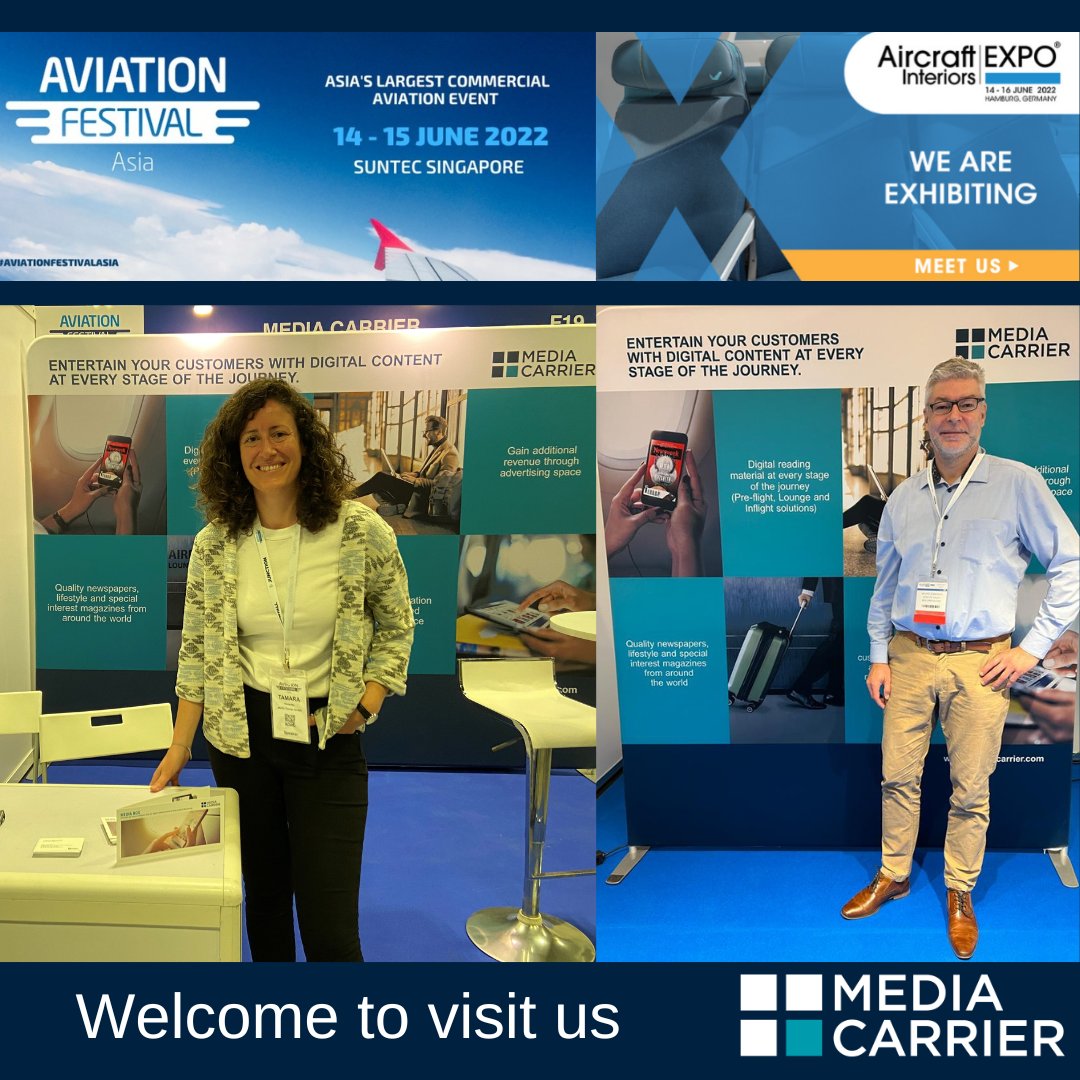Media Carrier Solutions would be pleased to welcome you at the following trade exhibitions 
Aviation Festival Asia in Suntec Singapore Booth: F19 
Aircraft Interiors Expo in Hamburg Booth: 4C42 
We look forward to seeing you🤗 
#digitalsolution #epaper #mediabox #online #reading
