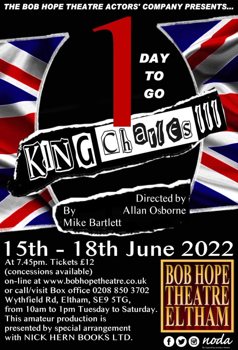 With just ONE day to go book your tickets from: 
bobhopetheatre.co.uk/kingcharles.ht…
or call/visit our box-office 0n 020 8850 3702 Wythfield Rd, Eltham, SE9 5TG
#kingcharlesiii
#kingcharleslll
#supportlocaltheatre