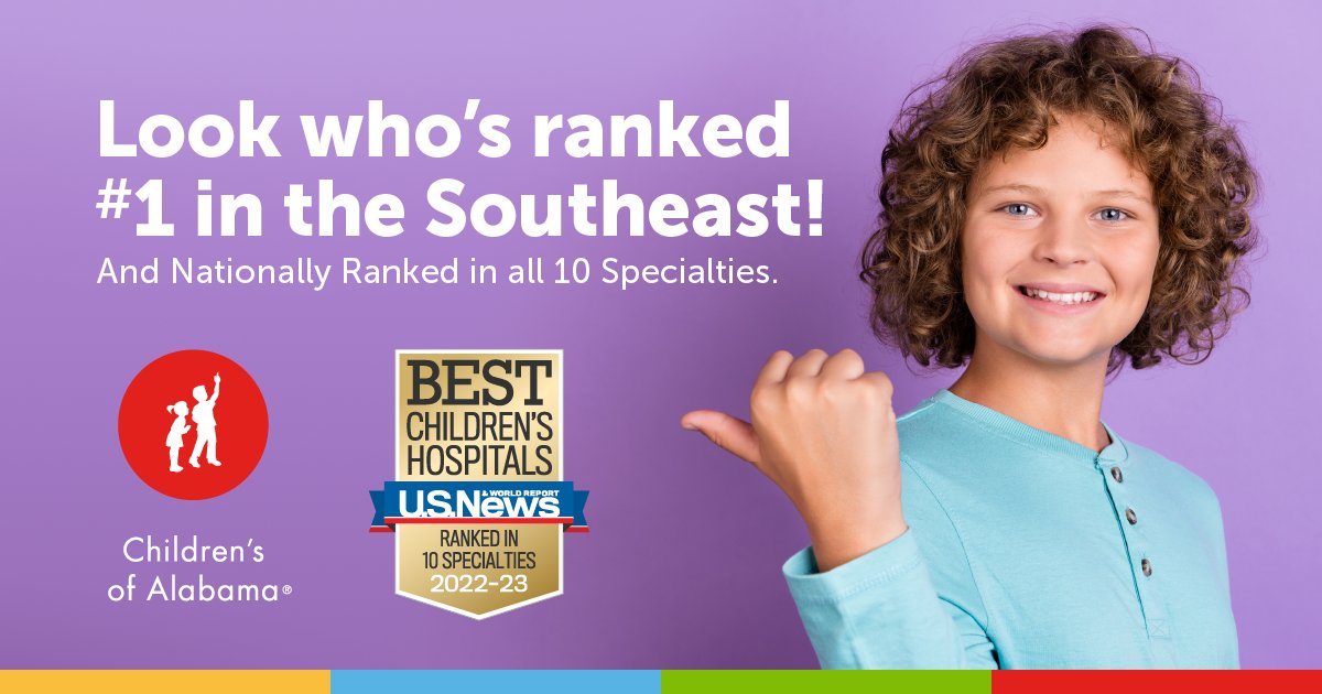 ChildrensAL's tweet photo. Children’s of Alabama is the top children’s hospital in the Southeast and the No. 1 children’s hospital in Alabama, according to the U.S. News &amp; World Report 2022-23 Best Children’s Hospitals Survey. Children’s is also ranked in 10 specialty services. https://t.co/Z4bl8GSJlL. https://t.co/tHPpFuQ2zV