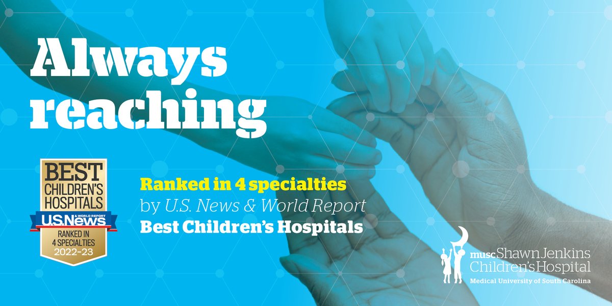 MUSCkids's tweet image. We are pleased to announce new rankings from @usnews Best Children’s Hospitals 2022 – 23 survey. MUSC SJCH remains the only children’s hospital in SC to be ranked with 4 specialties ranked among the best in the nation. Learn more: ow.ly/a9tZ50JwT1M
#AlwaysReaching