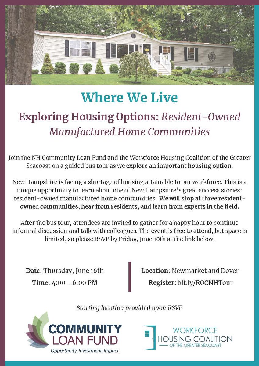 This Thursday, June 16, join @NHCommLoanFund and the @SeacoastWHC for Exploring Housing Options: Resident-Owned Manufactured Home Communities, a guided bus tour through three resident-owned communities. Register at: eventbrite.com/e/nh-community…