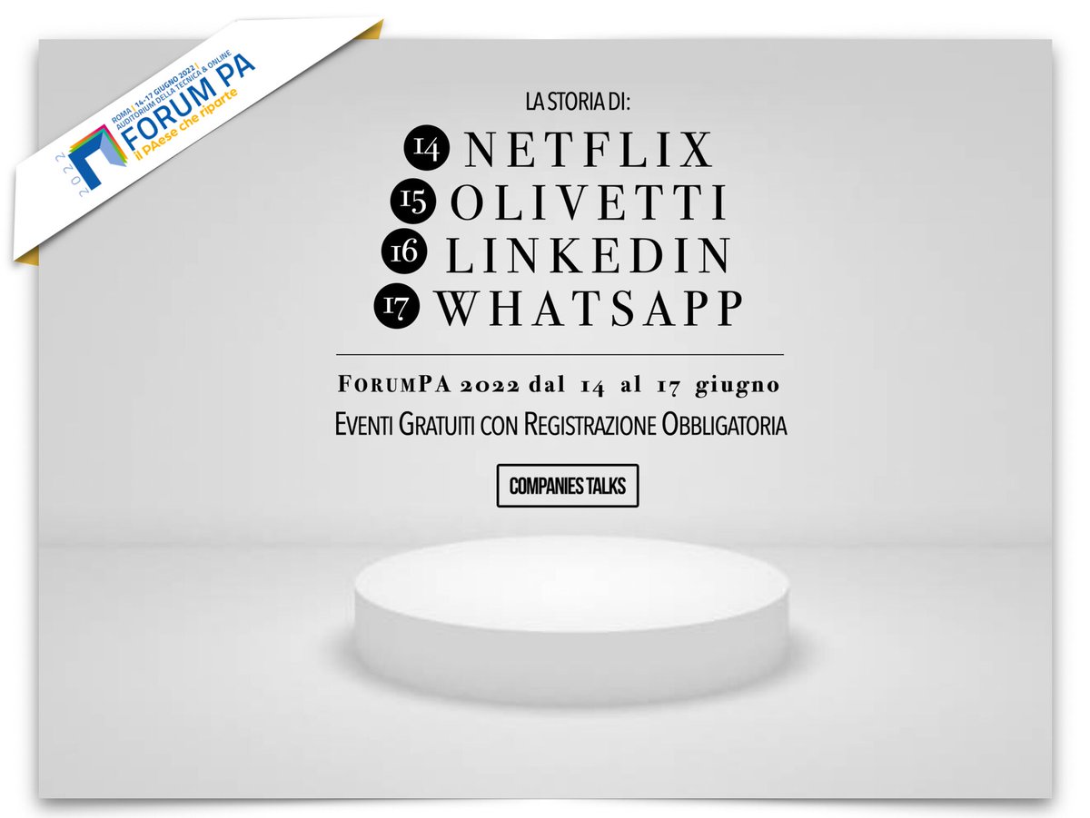 OlivettiOnline's tweet image. 📢 #Olivetti protagonista, insieme a @NetflixIT, @LinkedIn e @WhatsApp dei #CompaniesTalks a @FPA_net  2022

🗓 Gli spettacoli andranno in scena dal 14 al 17 giugno presso l’Auditorium della Tecnica di Roma

Info e iscrizioni su:
➡️ bit.ly/ProgrammaForum…

#DesignMeetsTechnology